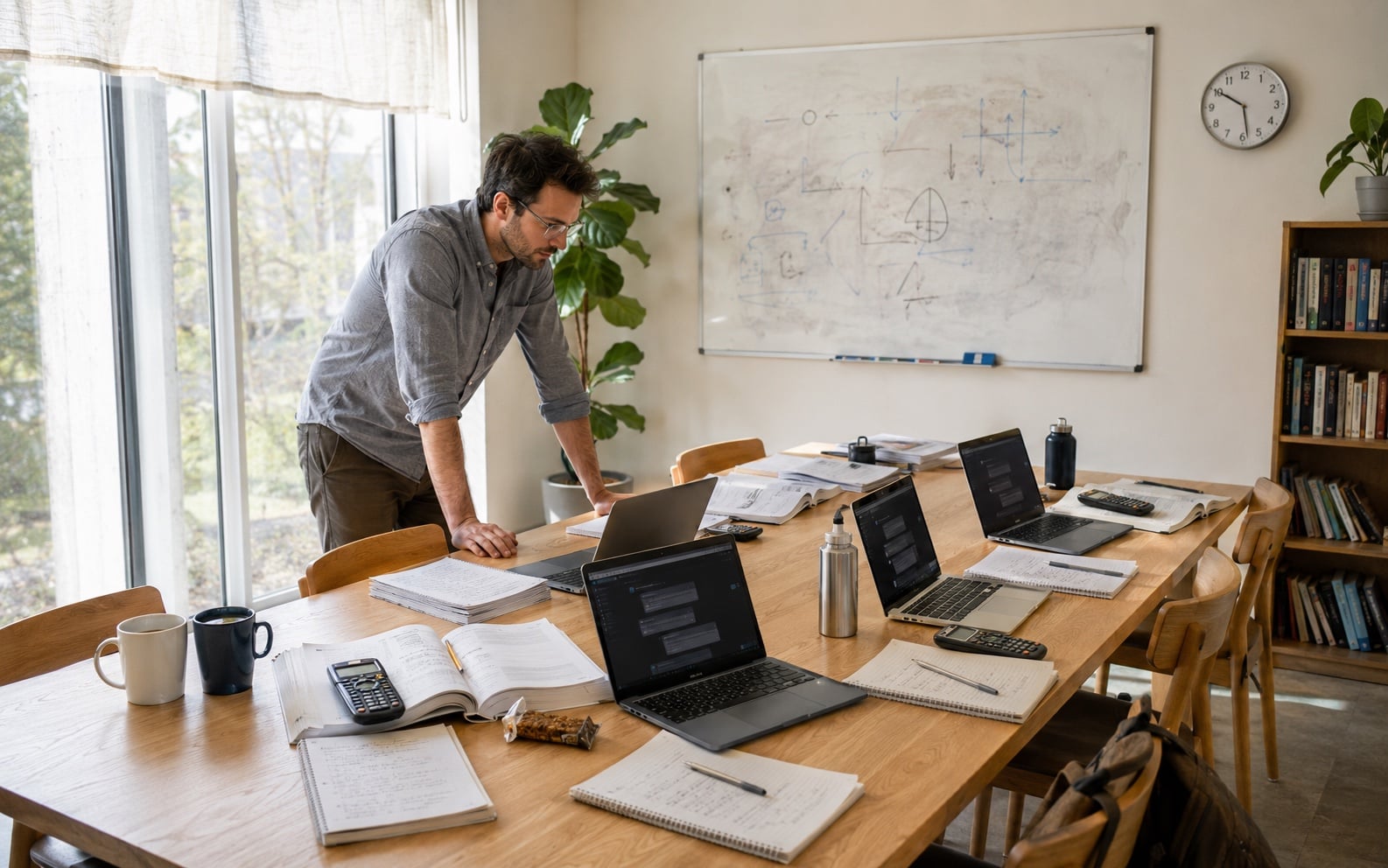 Small group of high school students at a long study table with laptops and printed practice tests, an instructor working with one student’s AI tutor on screen — bright daylit classroom