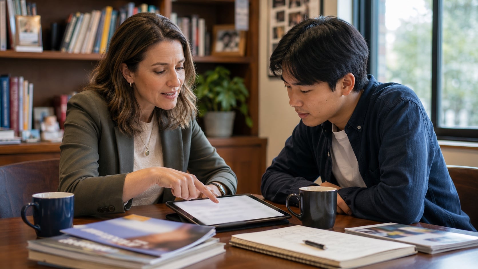 College admissions counselor reviewing a college essay draft with a high school student in a warm advisor's office