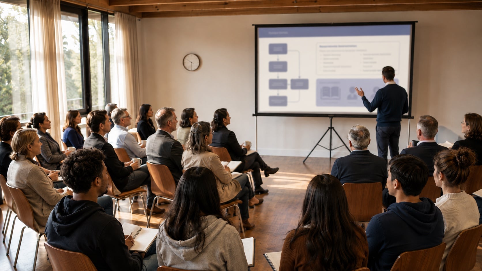 Weekend AI seminar in session in a sunlit private school classroom — a mixed audience of teachers, students, and parents seated facing a presenter and projection screen