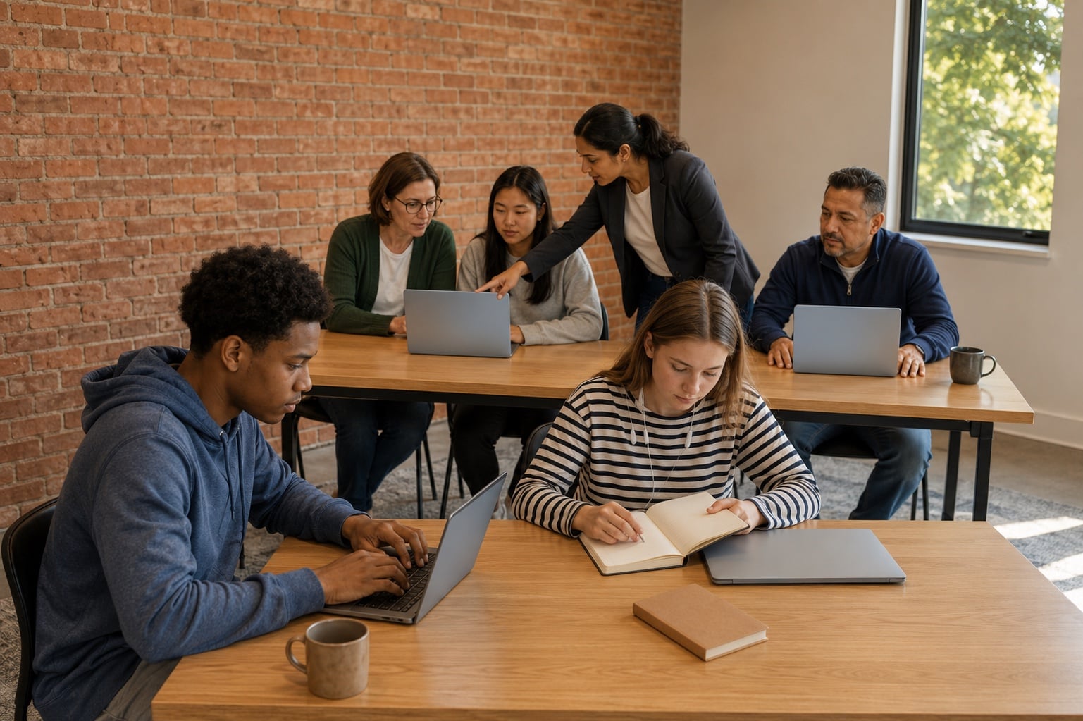 Hands-on AI workshop session in a private school classroom — six attendees of mixed ages working at wooden tables with laptops, a workshop facilitator helping two participants