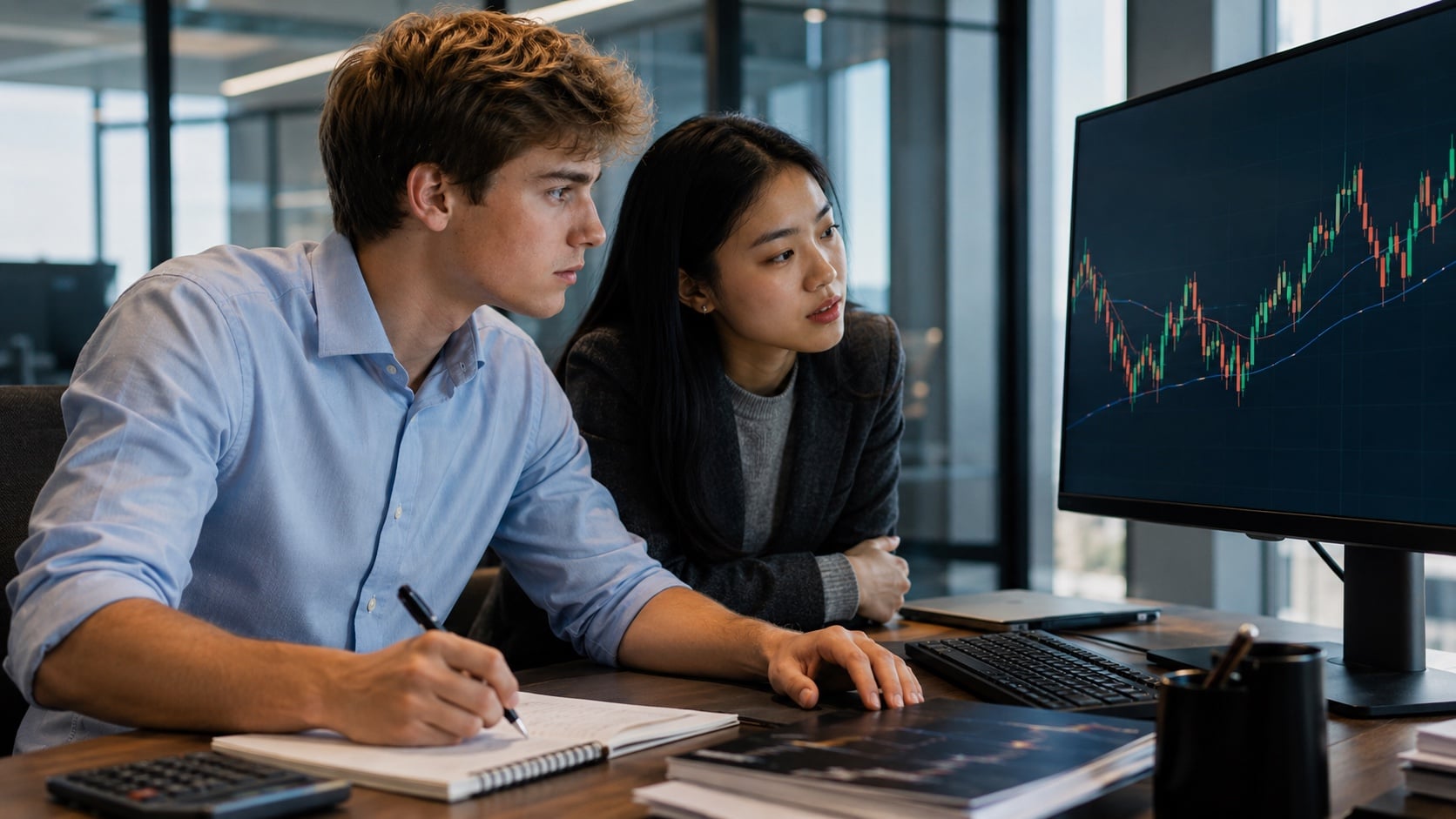 High school students at a multi-monitor analyst desk reading a 10-K filing, working on a financial AI agent